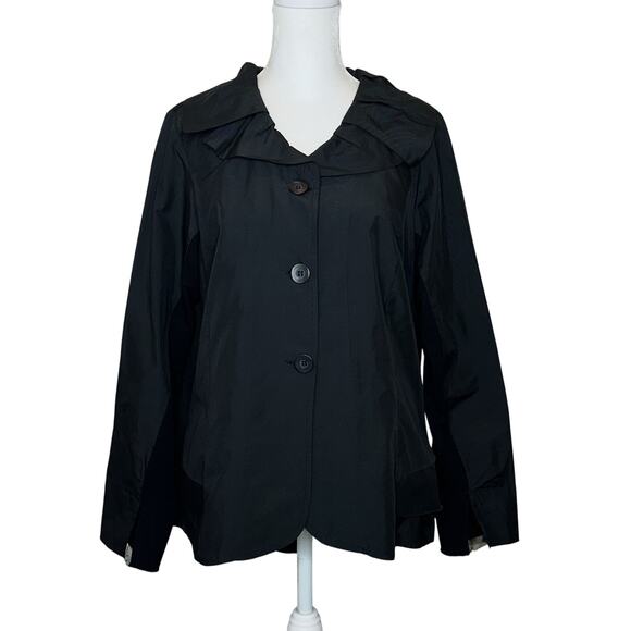 LUUKAA France Mixed Media Black Jacket Pleated Collar Stretch Size 4 Lagenlook - Picture 1 of 16